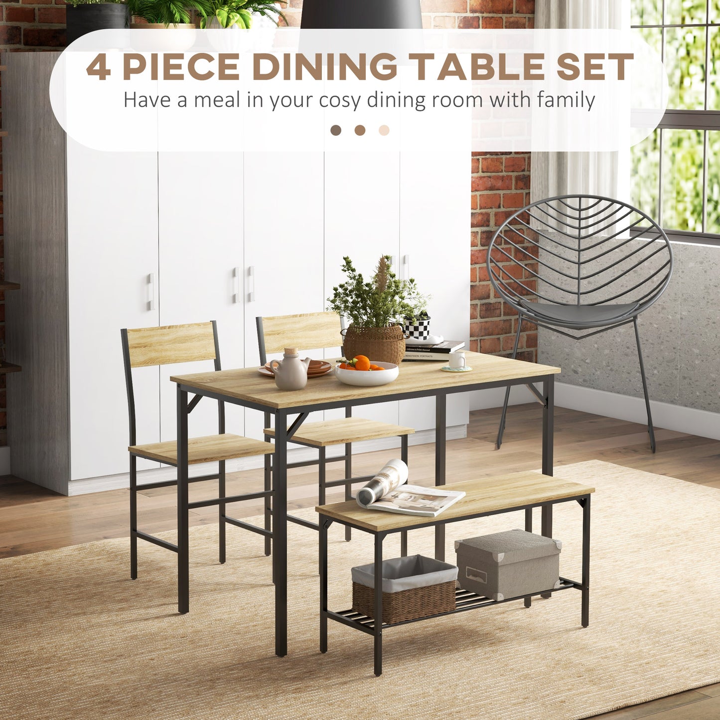 Dining Table and Chairs Set of 4 with 2 Chairs Bench for Kitchen Natural