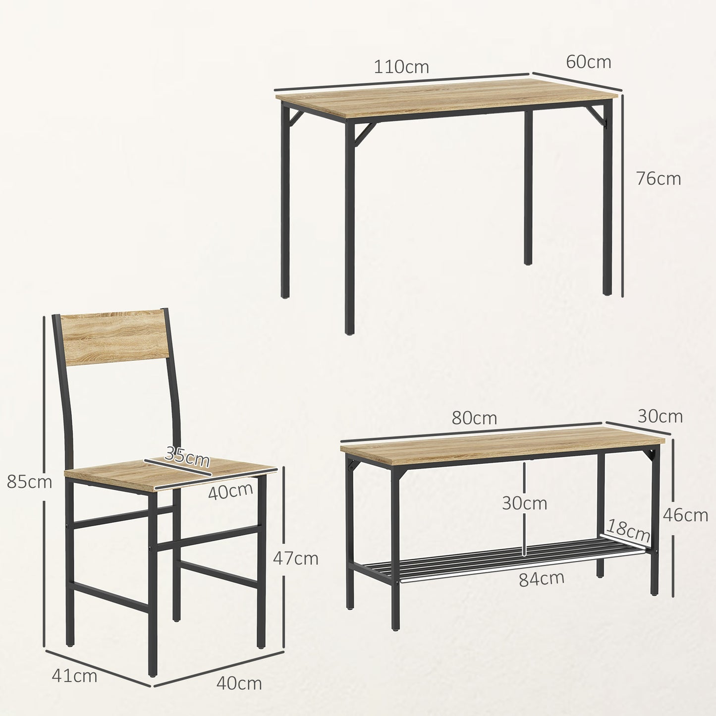 Dining Table and Chairs Set of 4 with 2 Chairs Bench for Kitchen Natural