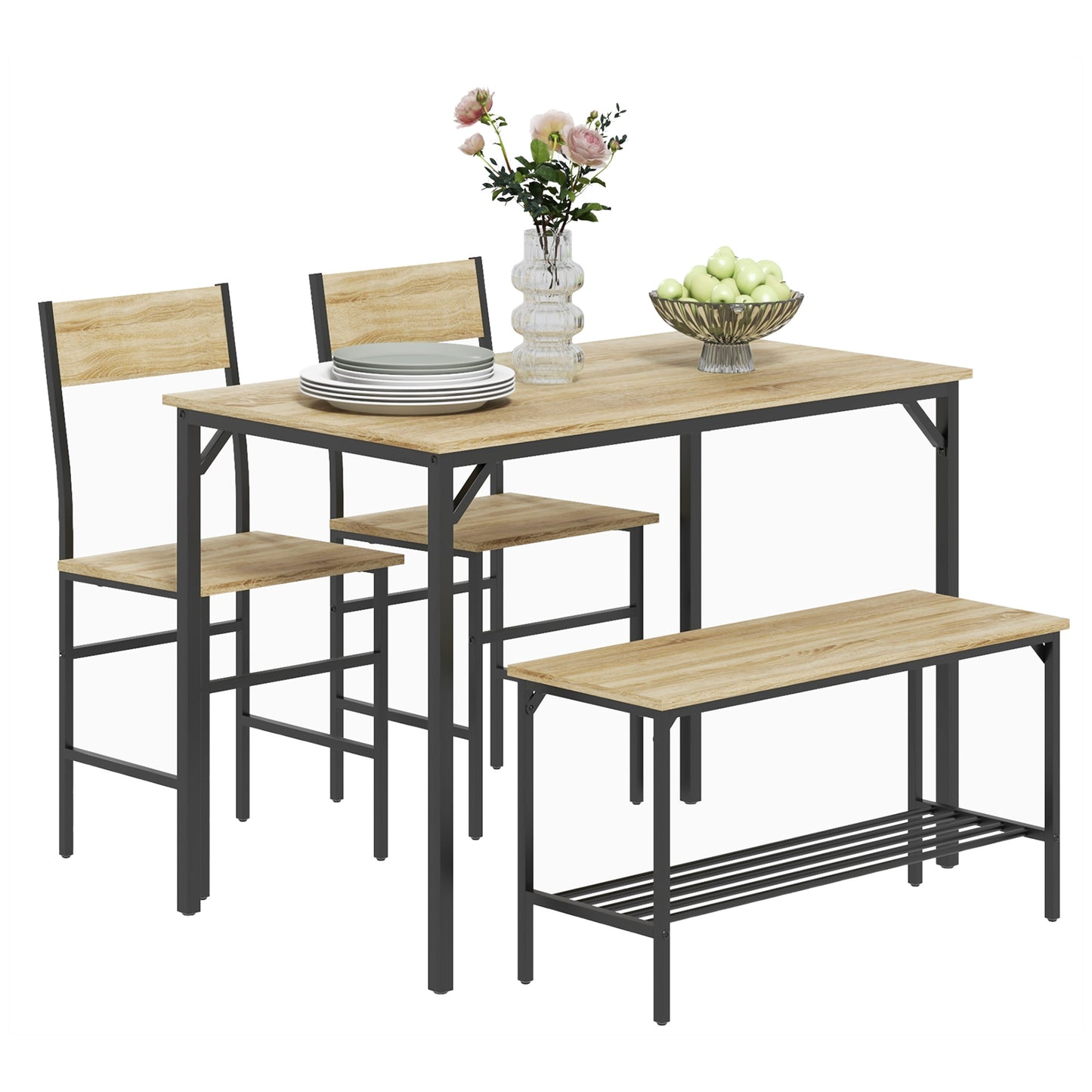Dining Table and Chairs Set of 4 with 2 Chairs Bench for Kitchen Natural