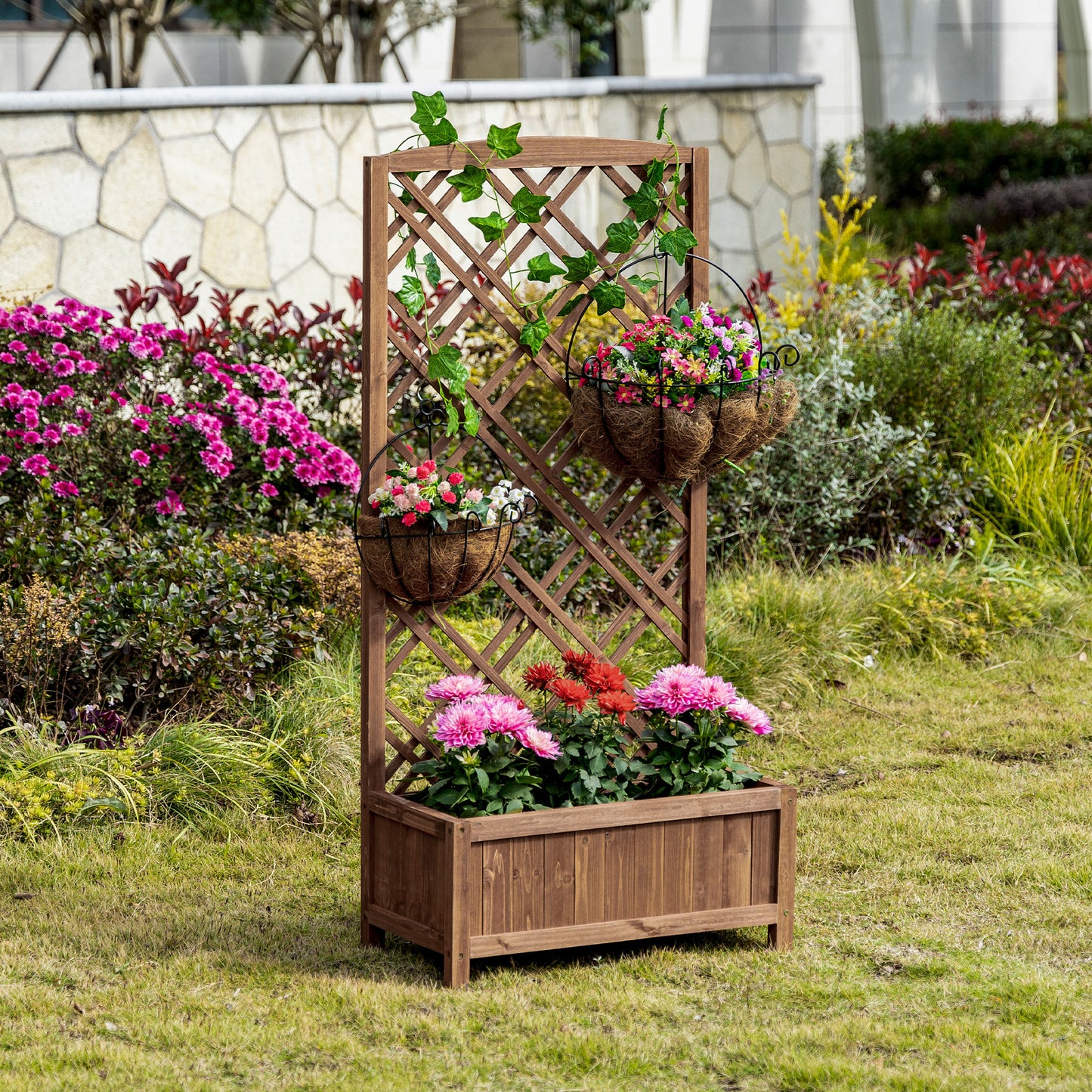 Wooden Planter with Trellis, Raised Bed for Garden, Brown