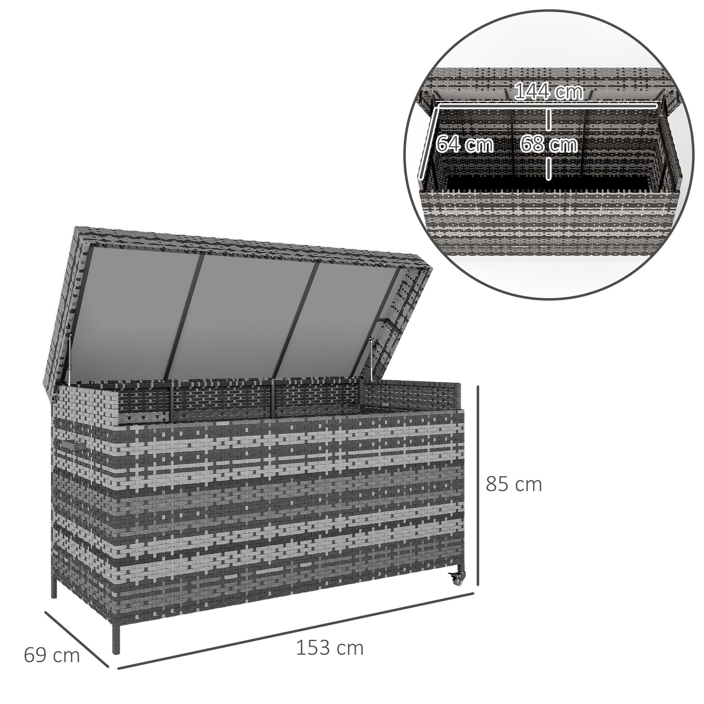 627 L Rattan Garden Storage Box with Gas Lift Lid and Wheels, Grey