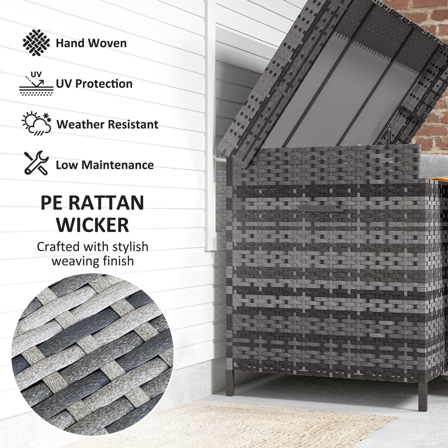627 L Rattan Garden Storage Box with Gas Lift Lid and Wheels, Grey