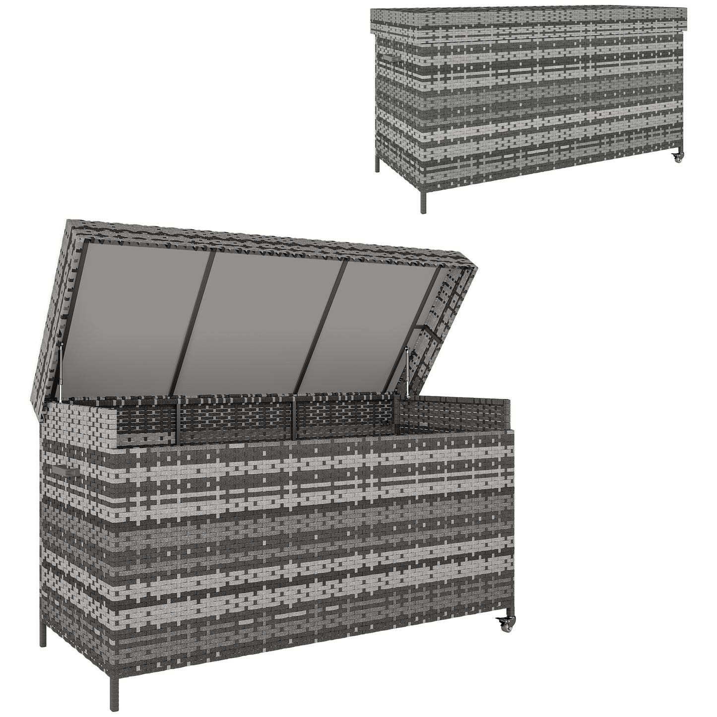 627 L Rattan Garden Storage Box with Gas Lift Lid and Wheels, Grey