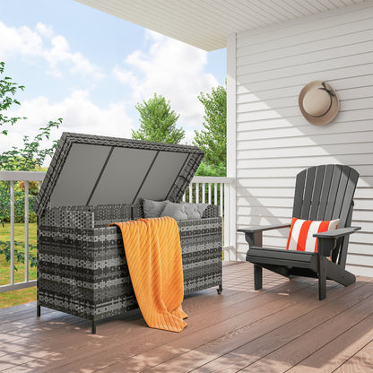 627 L Rattan Garden Storage Box with Gas Lift Lid and Wheels, Grey