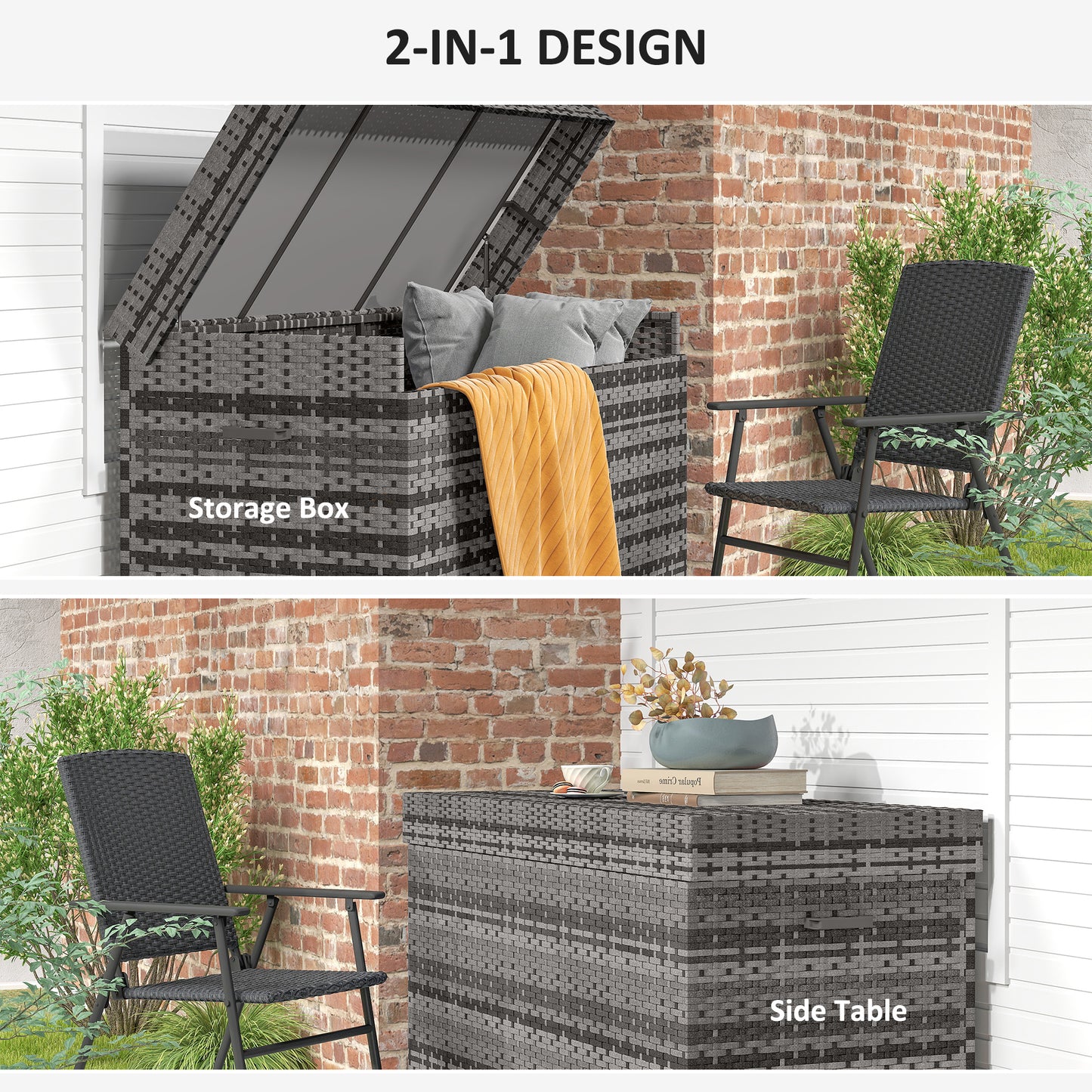 627 L Rattan Garden Storage Box with Gas Lift Lid and Wheels, Grey