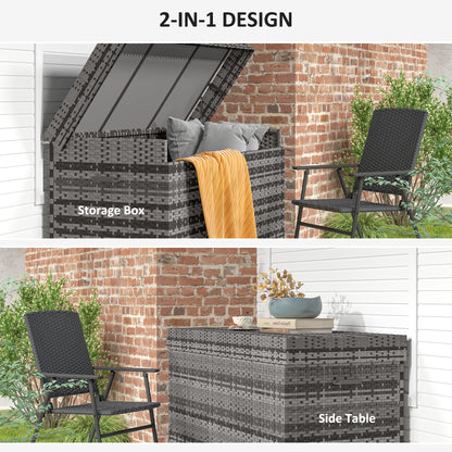 627 L Rattan Garden Storage Box with Gas Lift Lid and Wheels, Grey