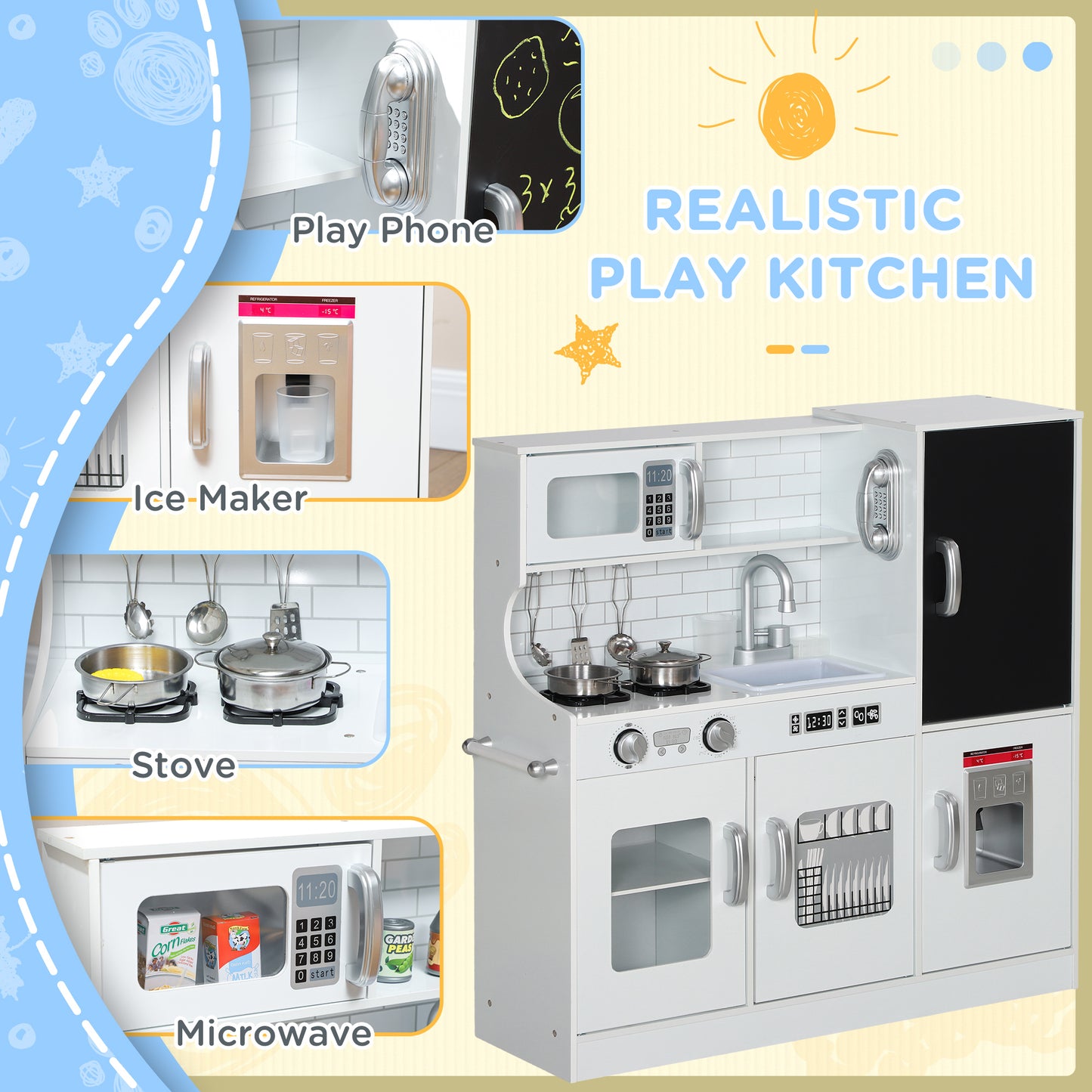 Play Kitchen, Pretend Toy Kitchen with Toy Phone, Chalkboard, White