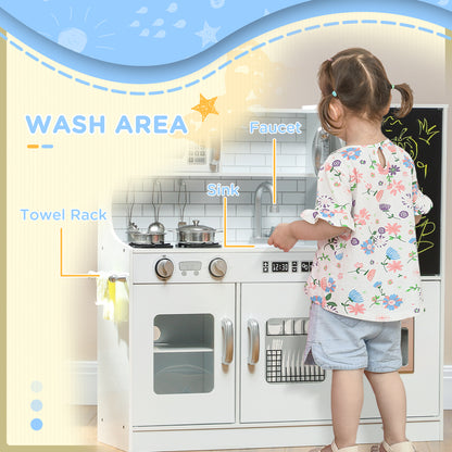 Play Kitchen, Pretend Toy Kitchen with Toy Phone, Chalkboard, White