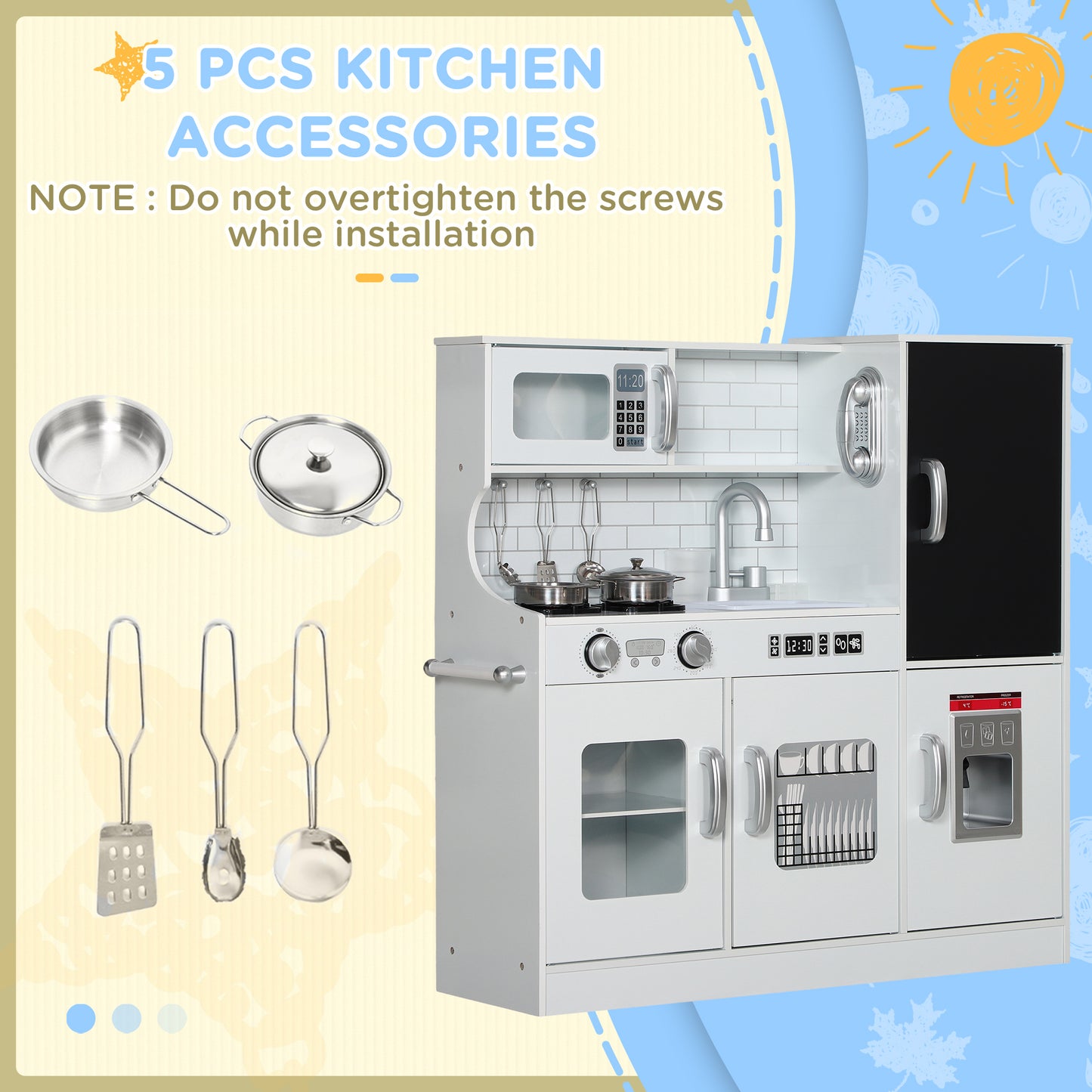 Play Kitchen, Pretend Toy Kitchen with Toy Phone, Chalkboard, White