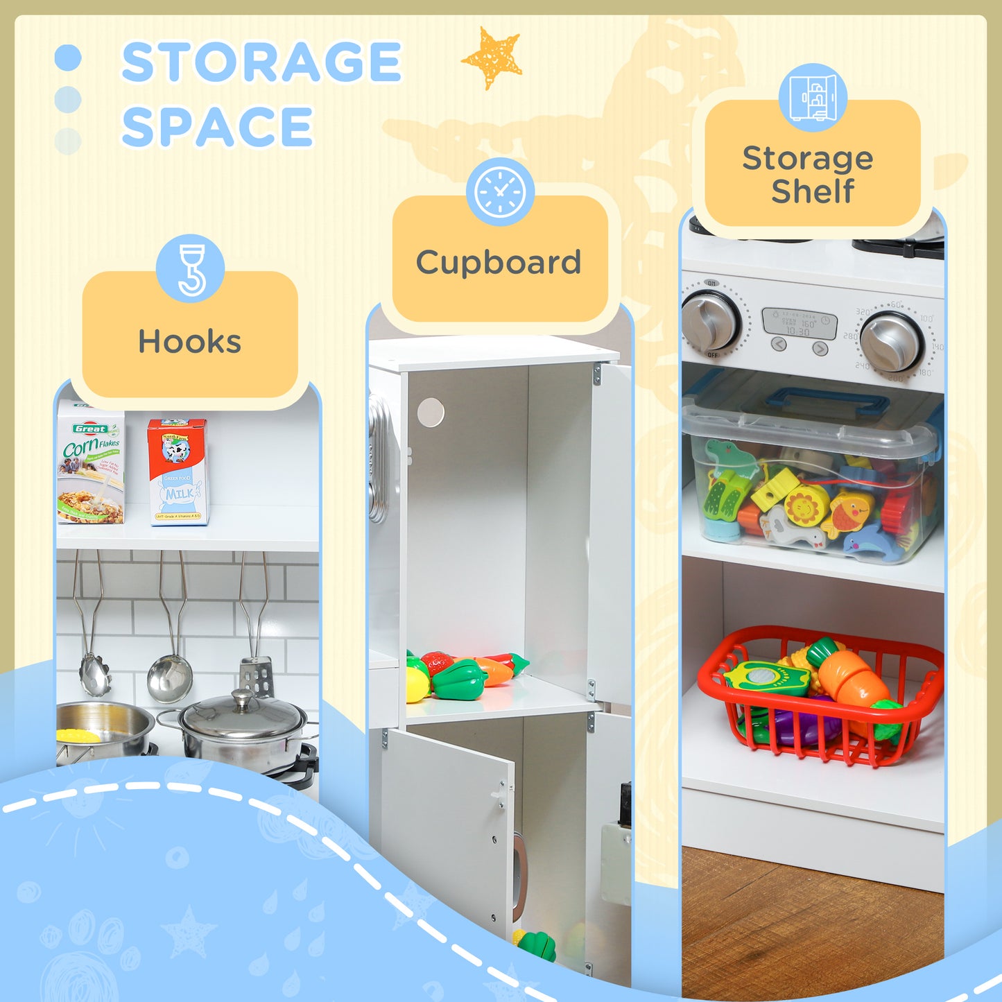 Play Kitchen, Pretend Toy Kitchen with Toy Phone, Chalkboard, White