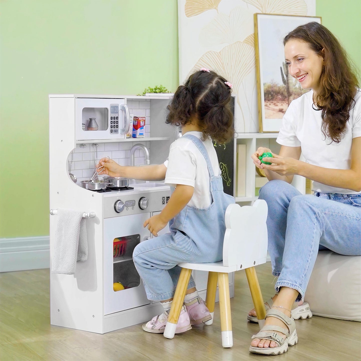 Play Kitchen, Pretend Toy Kitchen with Toy Phone, Chalkboard, White