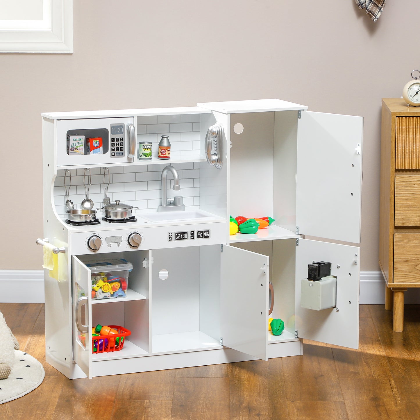 Play Kitchen, Pretend Toy Kitchen with Toy Phone, Chalkboard, White