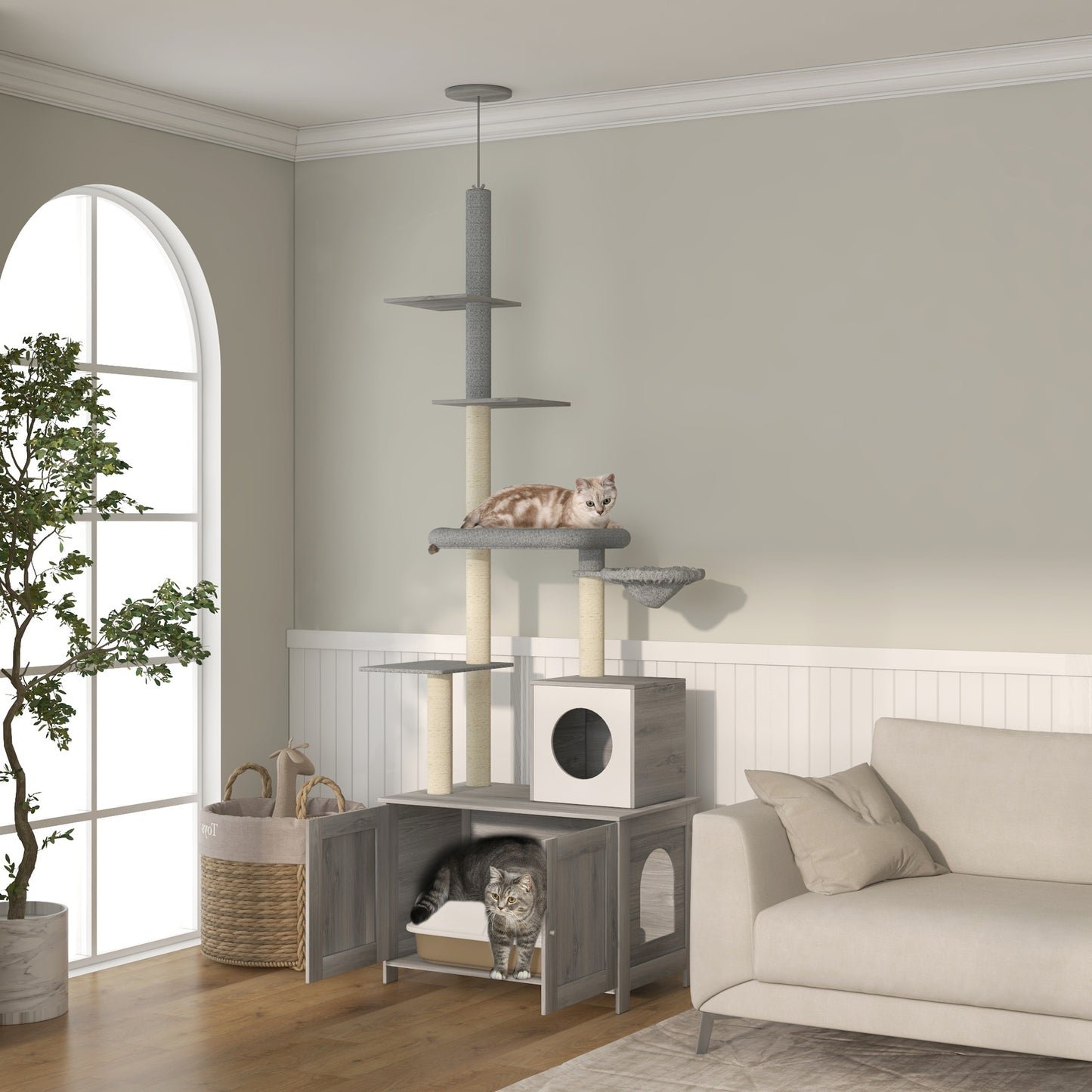 2-in-1 Hidden Litter Box with Floor-To-Ceiling Cat Tree, Indoor - Grey