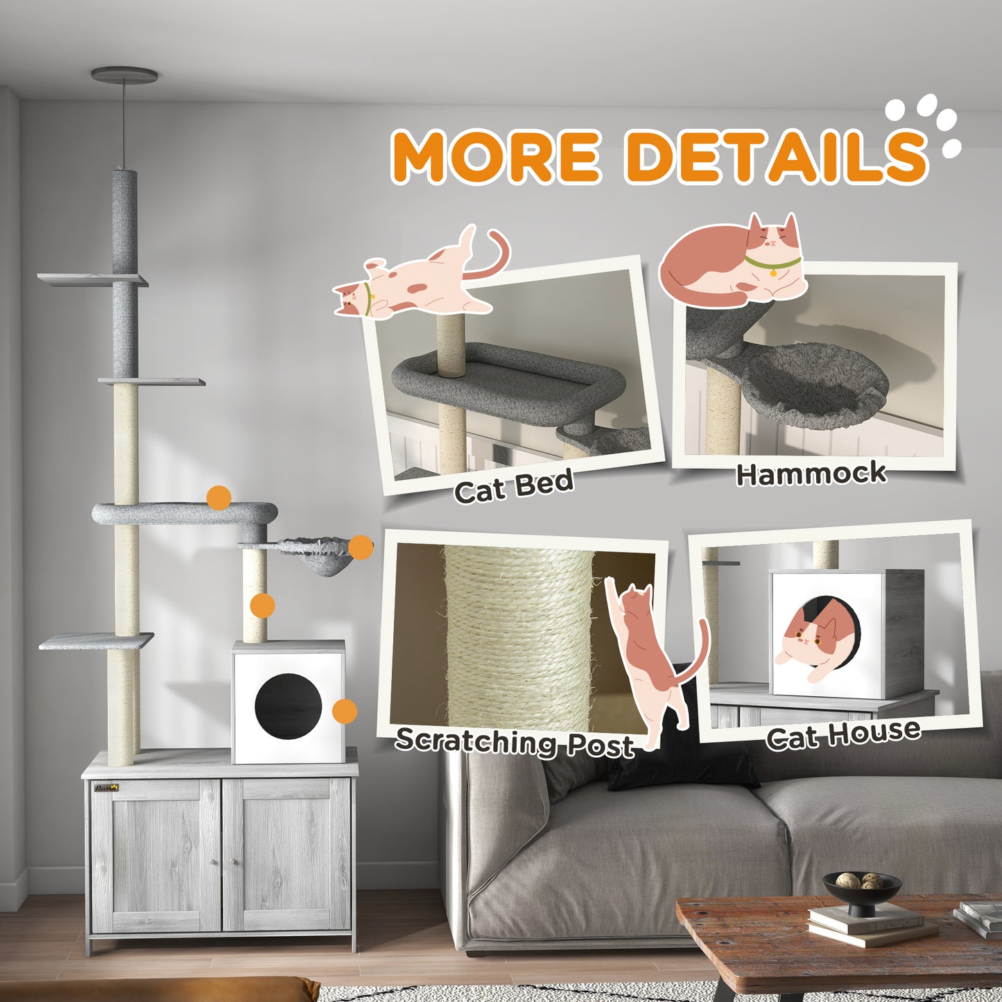 2-in-1 Hidden Litter Box with Floor-To-Ceiling Cat Tree, Indoor - Grey