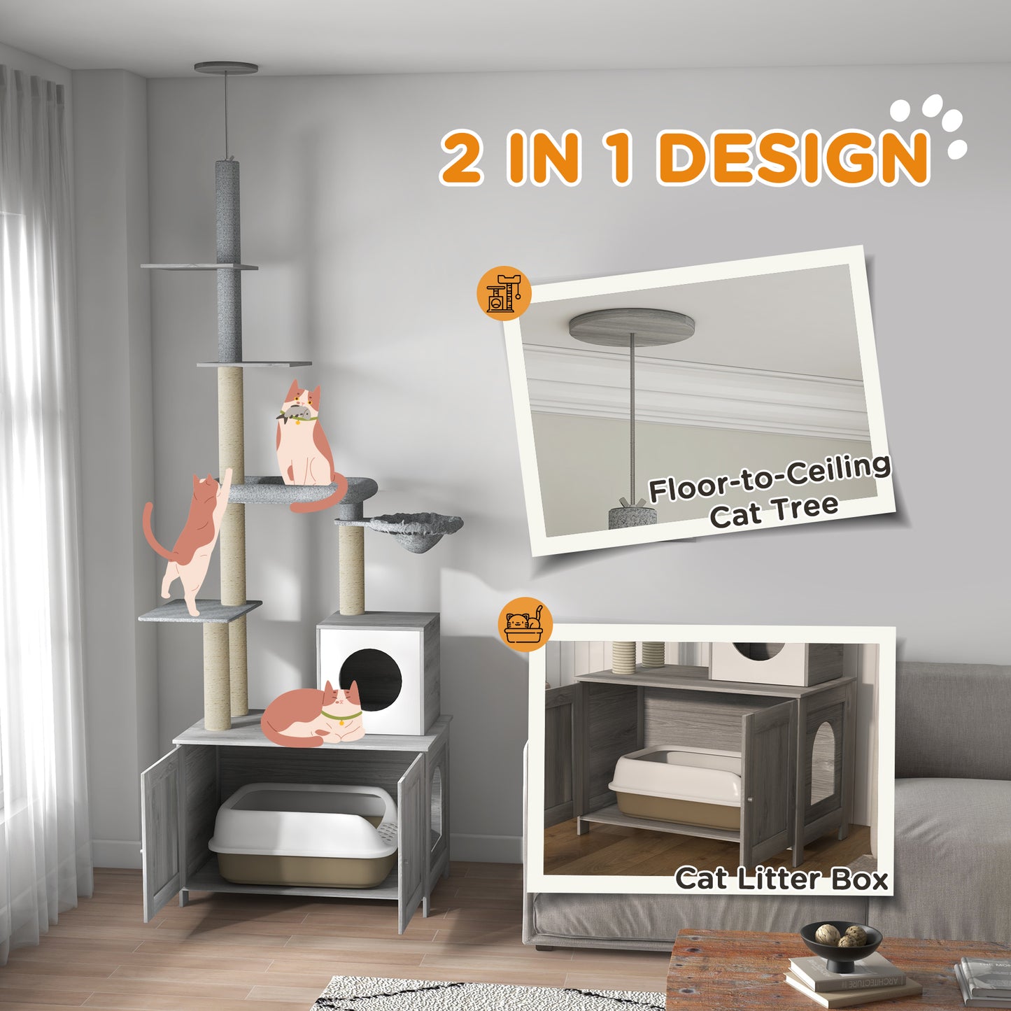2-in-1 Hidden Litter Box with Floor-To-Ceiling Cat Tree, Indoor - Grey
