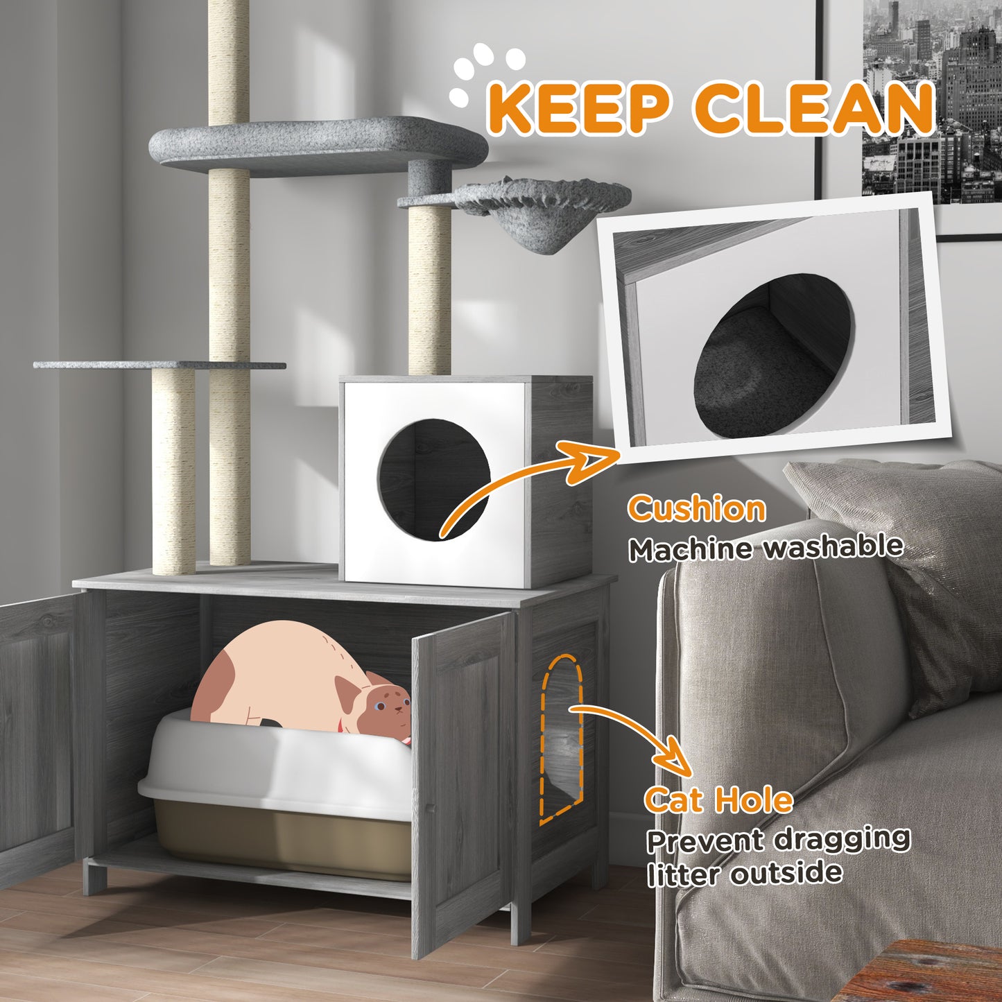 2-in-1 Hidden Litter Box with Floor-To-Ceiling Cat Tree, Indoor - Grey