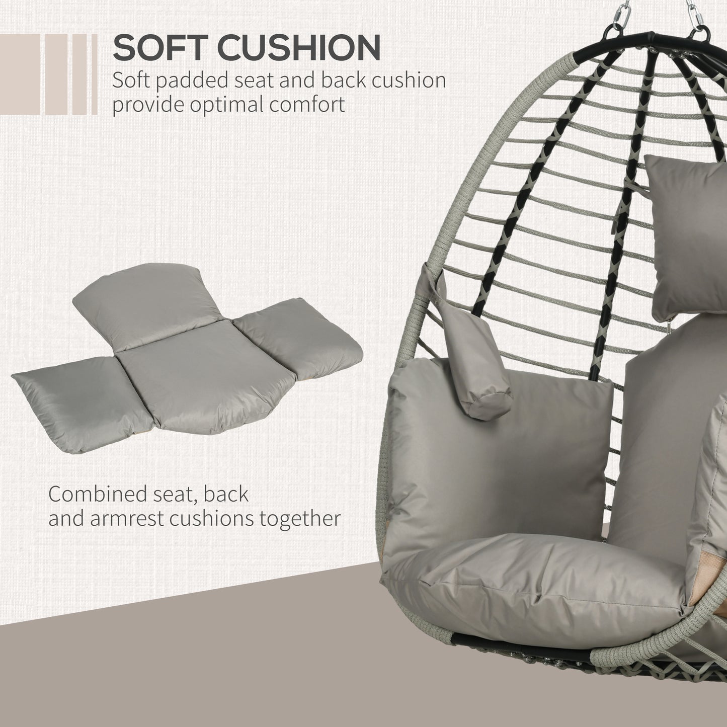 Outdoor Swing Chair with Thick Padded Cushion, Patio Hanging Chair w/ Metal Stand, Foldable Basket, Cup Holder, Rope Structure
