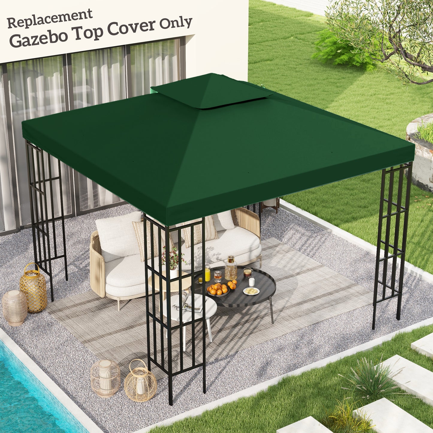3(m) 2 Tier Garden Gazebo Top Cover Replacement Canopy Roof Dark Green