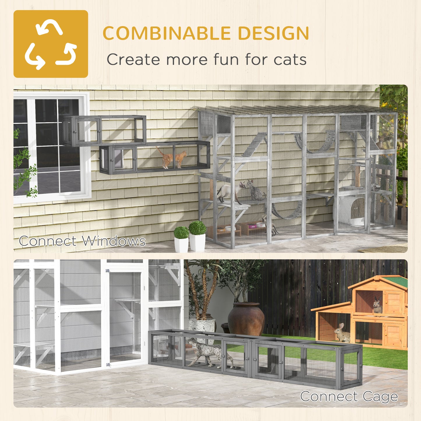 Cat Tunnel, 250cm Extra Long Wooden Cat Play Tunnel with 8 Doors Grey