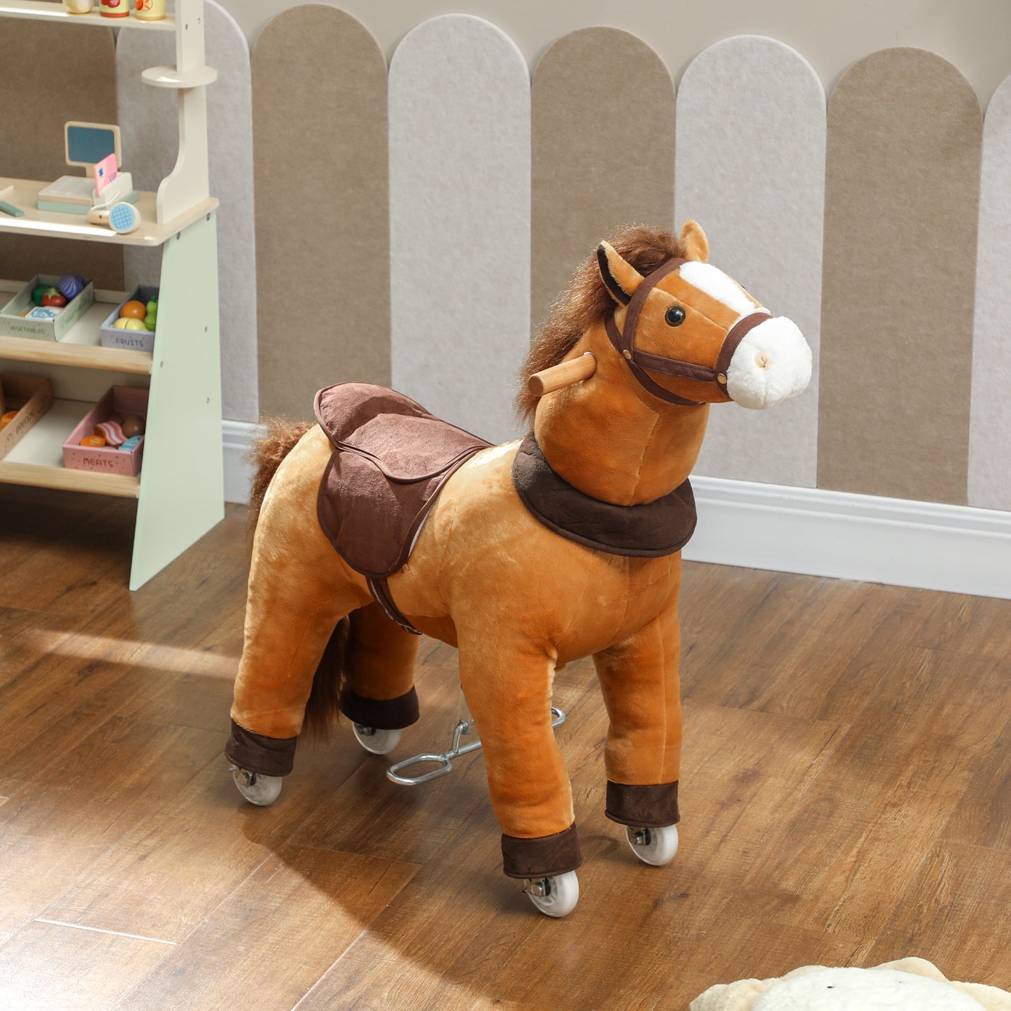 Ride On Horse, Mechanical Walking Horse Toy with Wheels and Saddle for Ages 3-5 Years Old, Action Plush Animal up to 55 Pounds, Brown