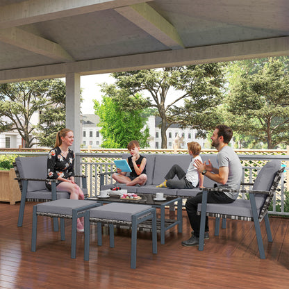 7 Seater Rattan Garden Furniture Set with Glass Coffee Table Grey