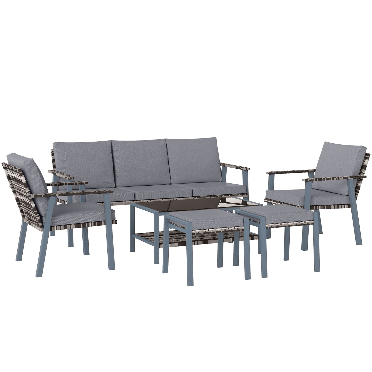 7 Seater Rattan Garden Furniture Set with Glass Coffee Table Grey