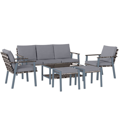 7 Seater Rattan Garden Furniture Set with Glass Coffee Table Grey