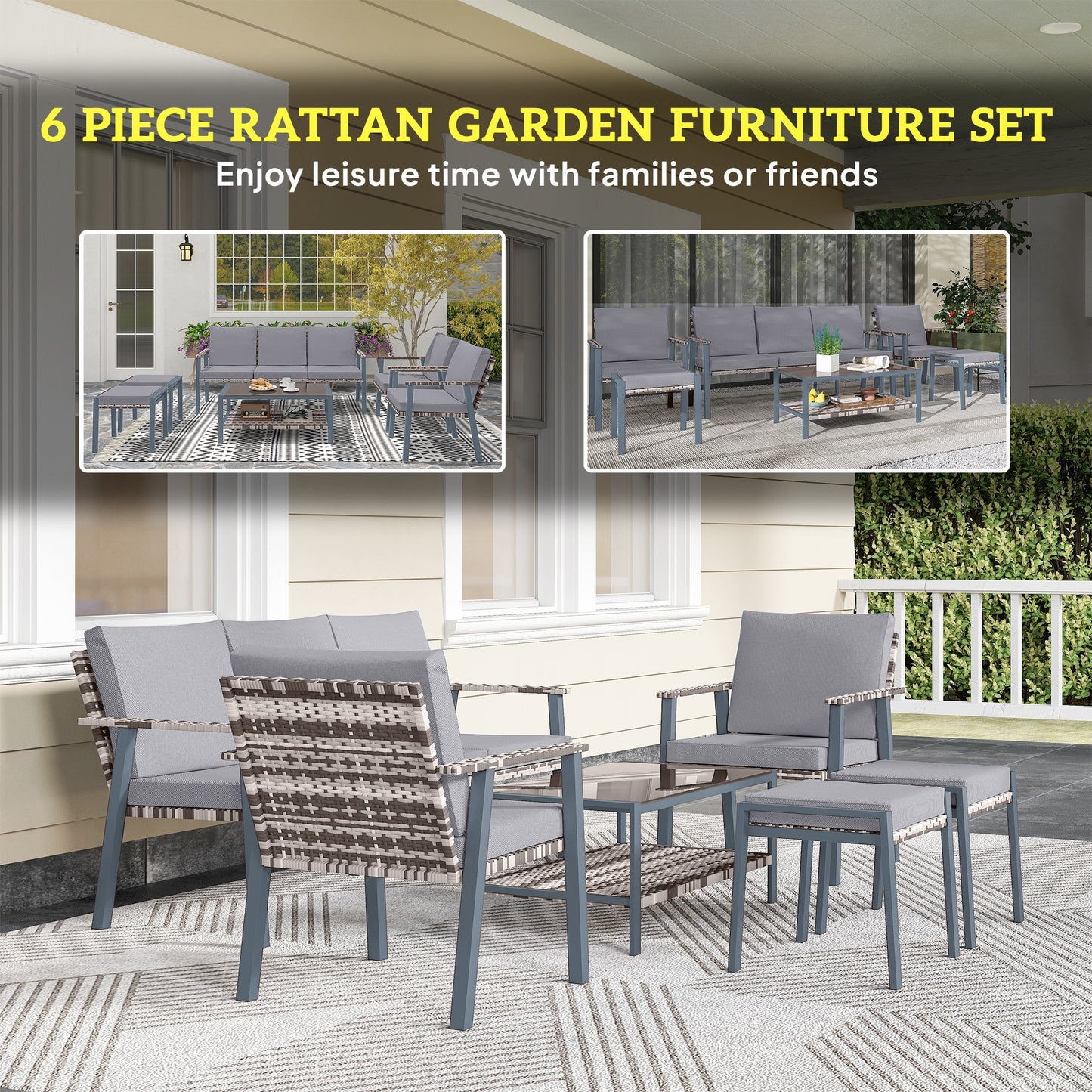 7 Seater Rattan Garden Furniture Set with Glass Coffee Table Grey