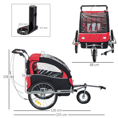Bike Trailer 2-Seater for Bicycle Baby Child Carrier in Steel Frame (Black and Red)