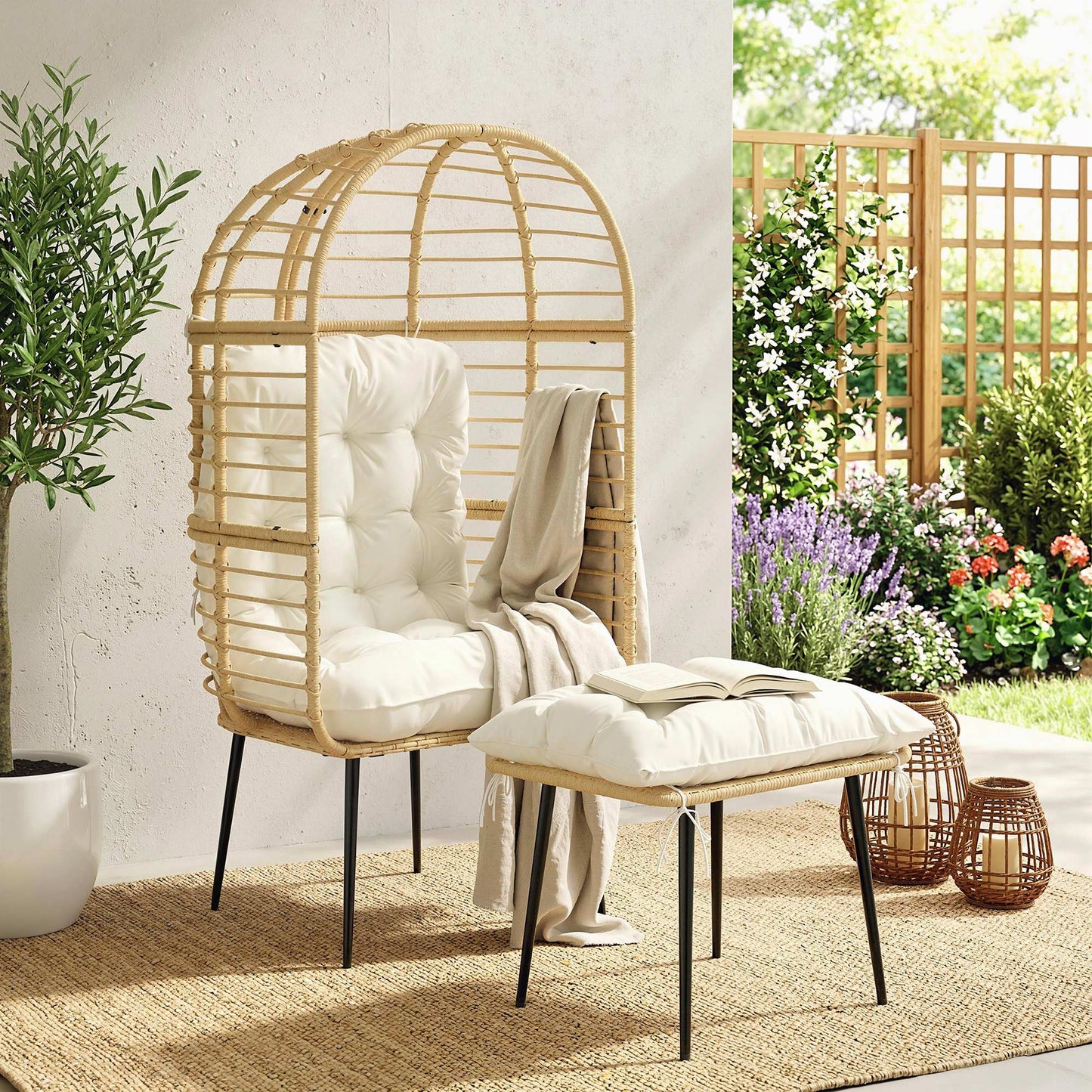 Standing Garden Egg Chair with Footstool, PE Rattan Outdoor Lounge Chair and Ottoman Set with Thick Cushions, Indoor Outdoor Egg Basket Seating for Patio Balcony Porch, Beige