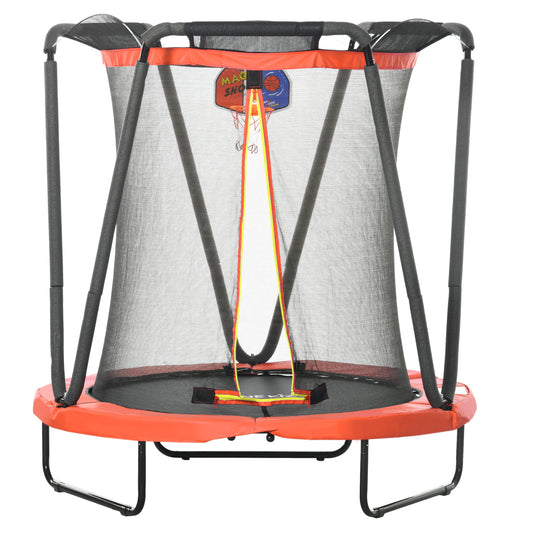ZONEKIZ 4.6FT Kids Trampoline with Enclosure, Basketball, Sea Balls, Hoop, for Ages 3-10 Years - Red