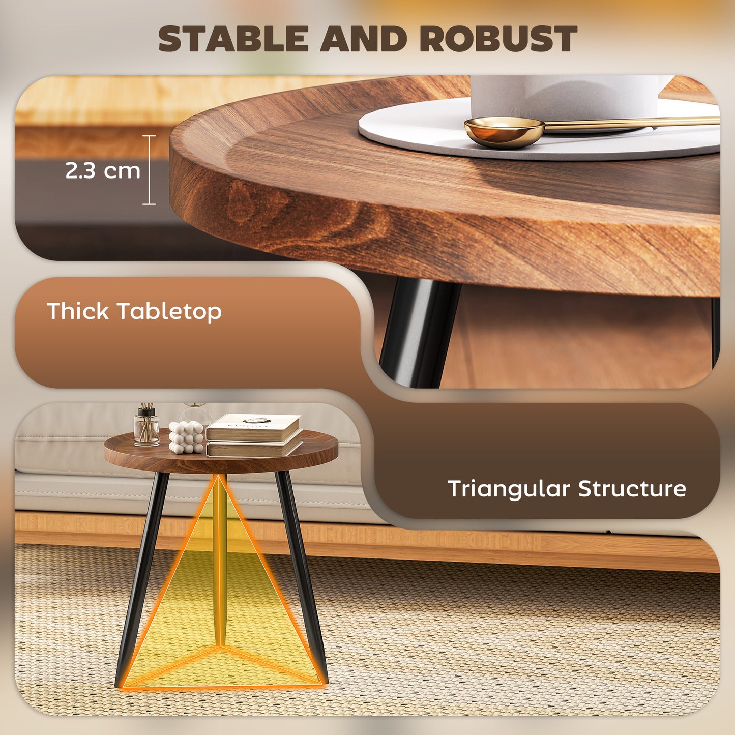 Modern End Side Table, Round Coffee Table, Chestnut Wood Effect