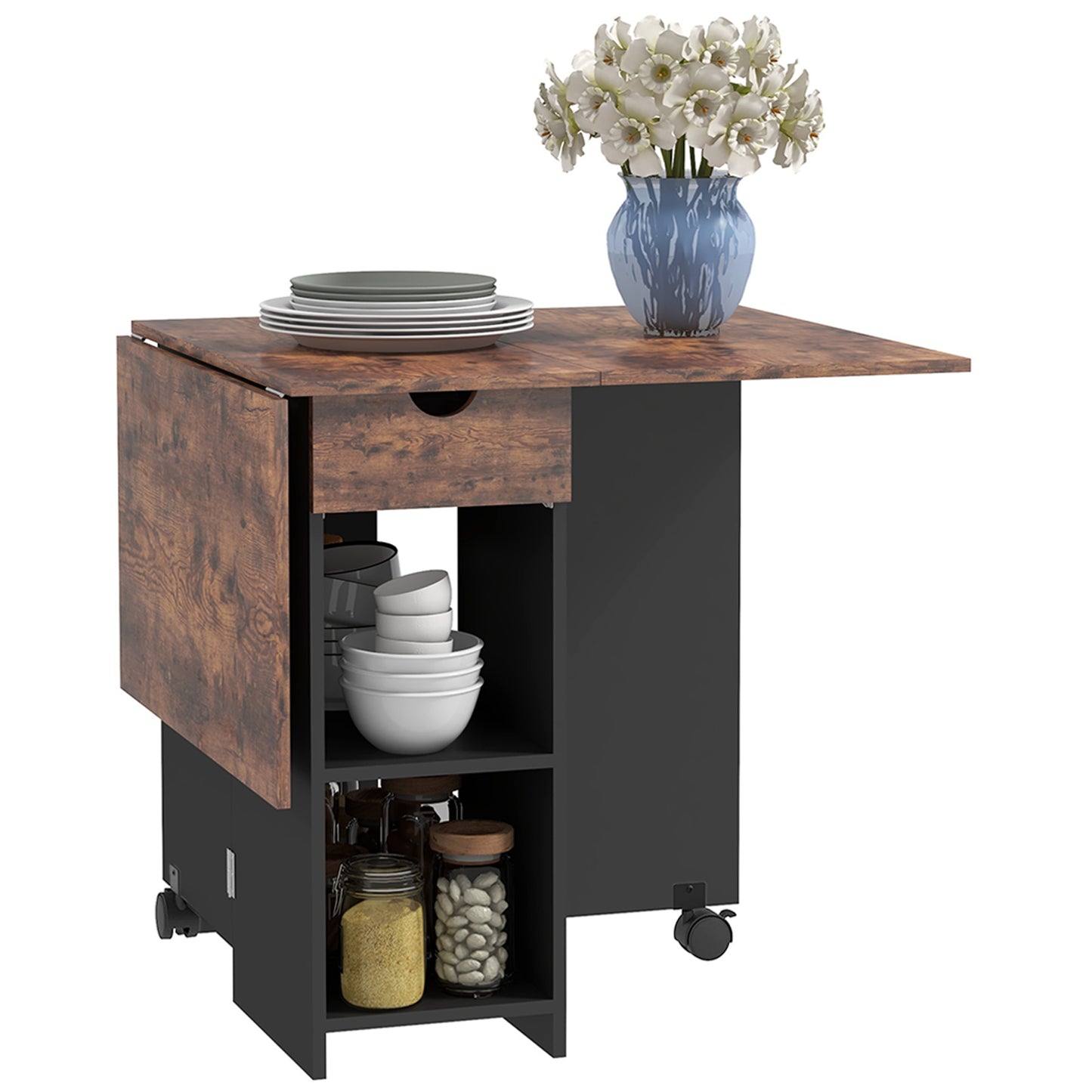 Foldable Dining Table, Drop Leaf Table with Storage, Rustic Brown