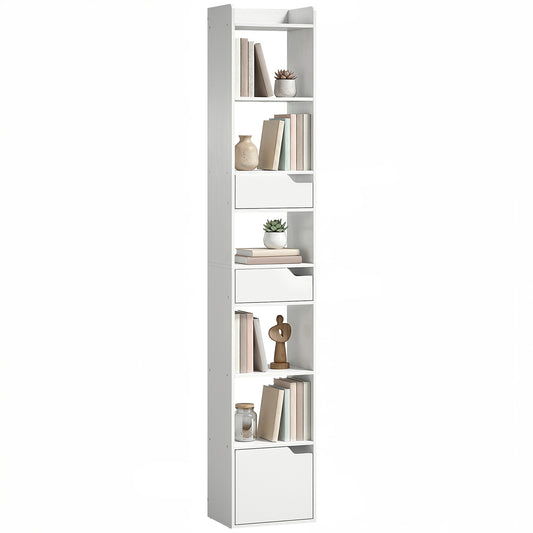 Bookcase with Drawers and Cabinet, 5-Tier Bookshelf, Narrow Tall Storage Cabinet with Anti-Tip for Living Room, Study, Home Office, White Wood Effect
