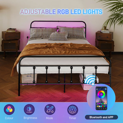 Double Bed Frame with LED Lights and Charging Station, Black