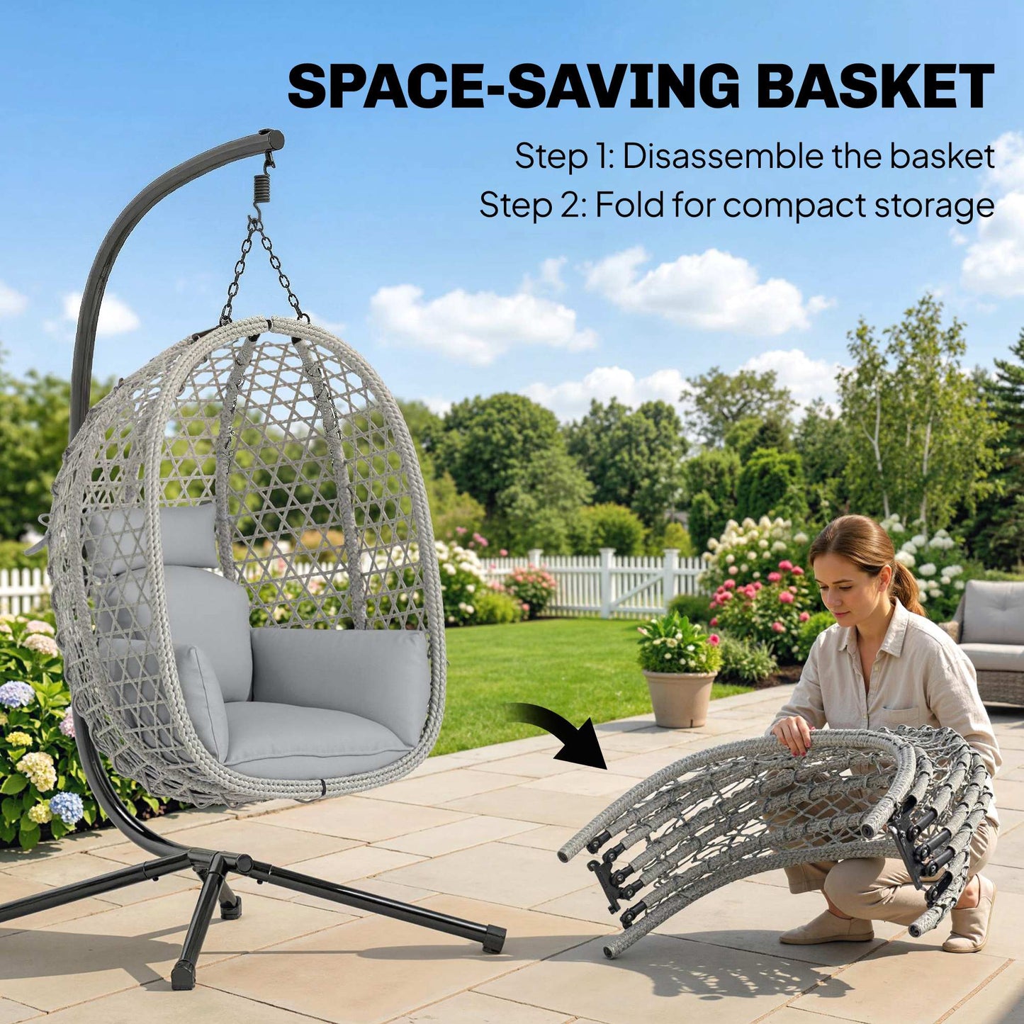 Hanging Egg Chair, Rattan Swing Chair with Stand, Light Grey