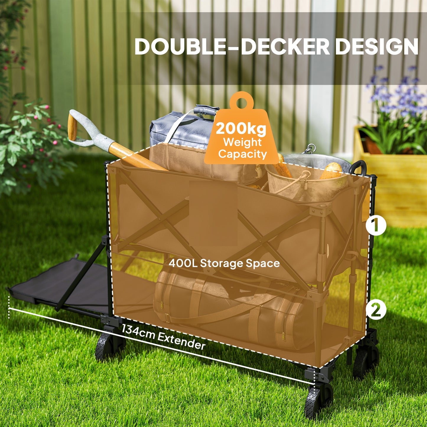 Double Decker Folding Trolley Cart on Wheels, 200KG Capacity Black