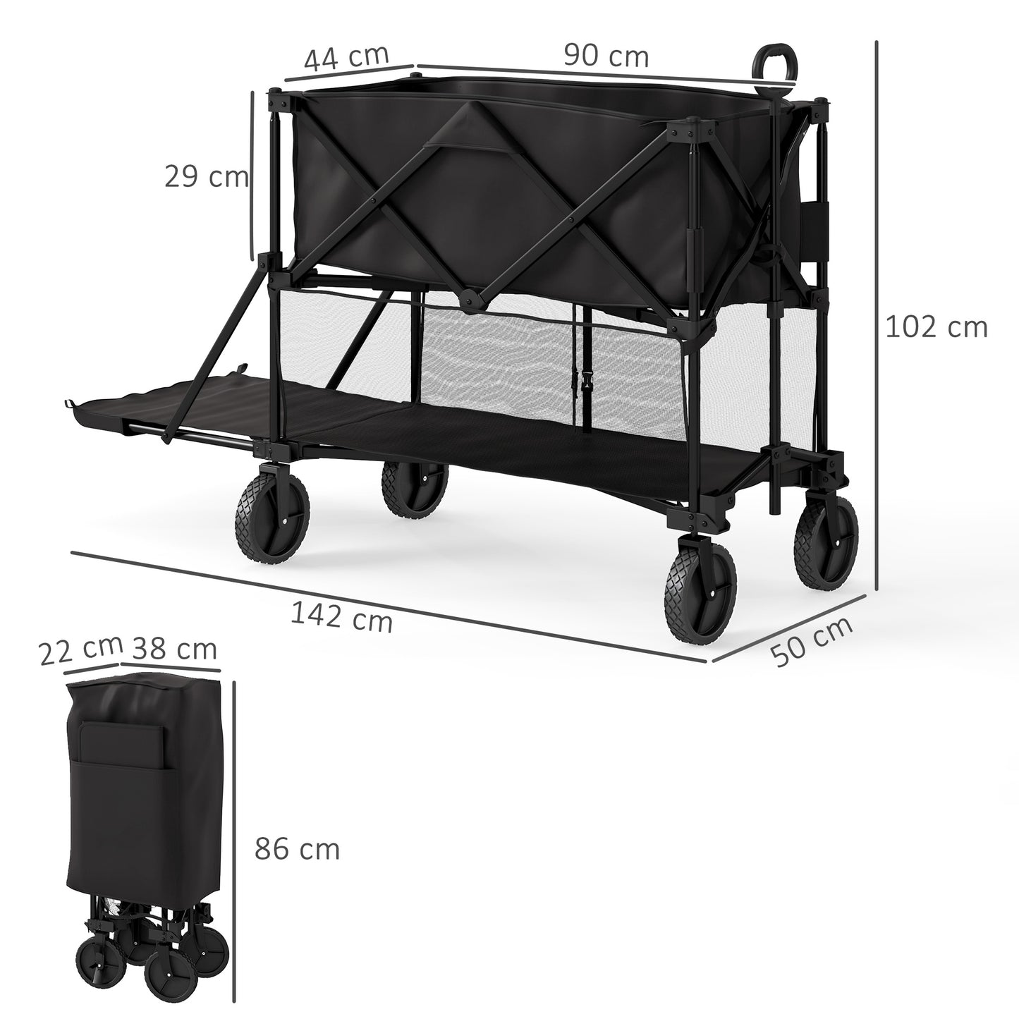 Double Decker Folding Trolley Cart on Wheels, 200KG Capacity Black