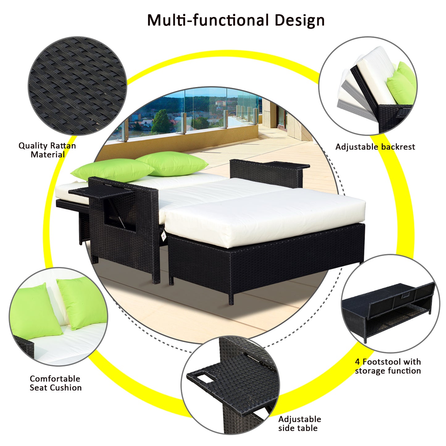 Outsunny 2 Seater Assembled Garden Patio Outdoor Rattan Furniture Sofa Sun Lounger Daybed with Fire Retardant Cotton - Black