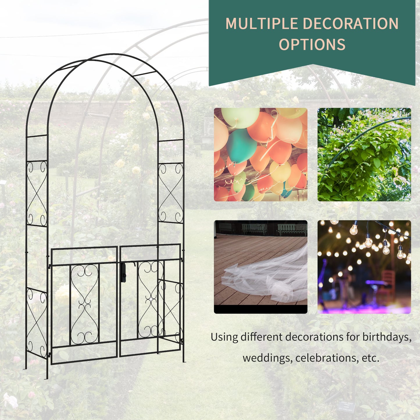 Metal Garden Arch with Double Gate, Garden Arbor Climbing Plants
