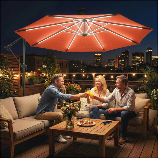 3 m Garden Cantilever Parasol with Solar Light, Rotation, Orange