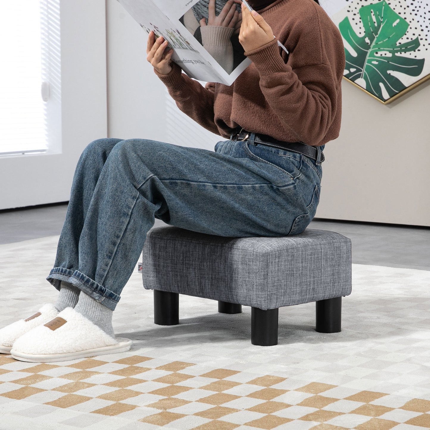 Linen Fabric Footstool Ottoman Cube with 4 Plastic Legs