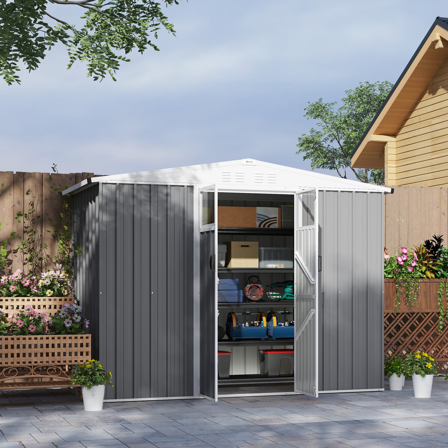 8 x 4 ft Garden Storage Shed, Outdoor Metal Shed, Light Grey
