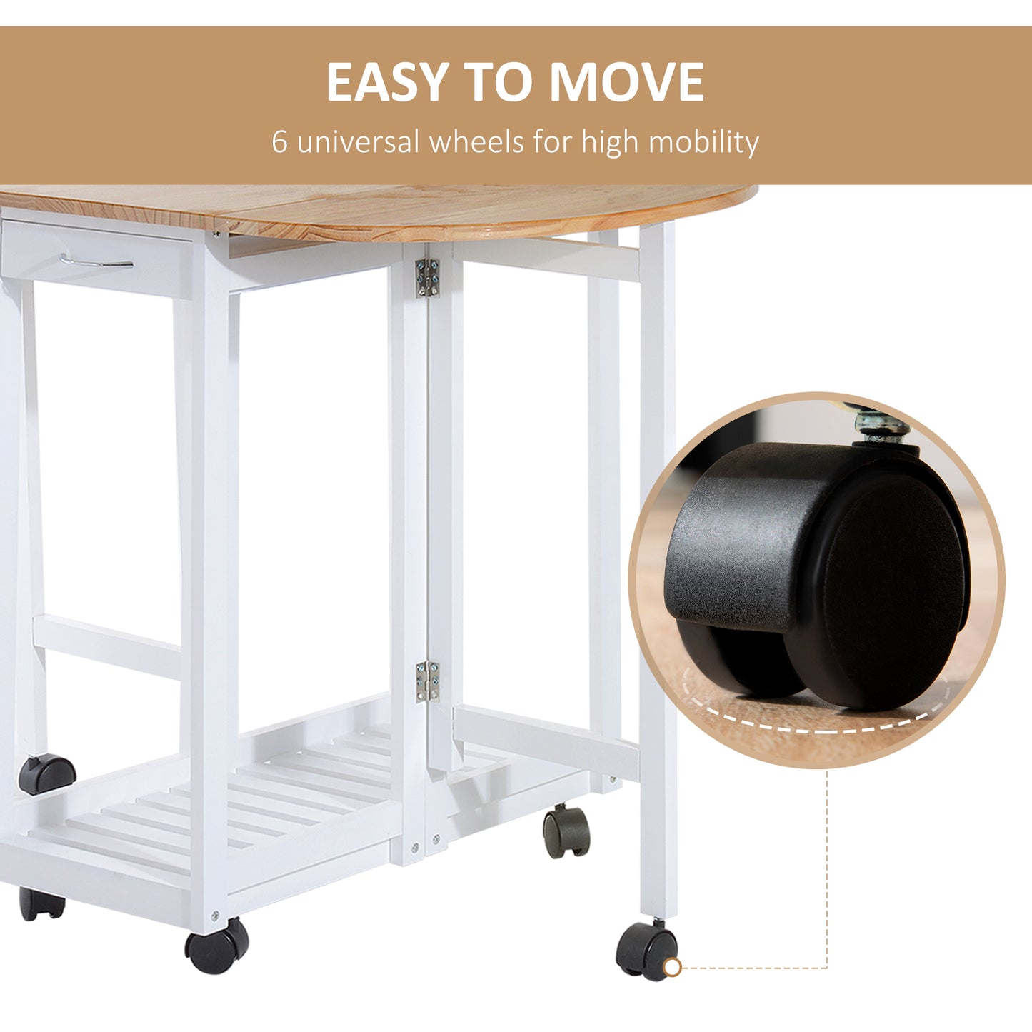 3pc Wooden Kitchen Cart Trollet Table Folding Stools Space-saving