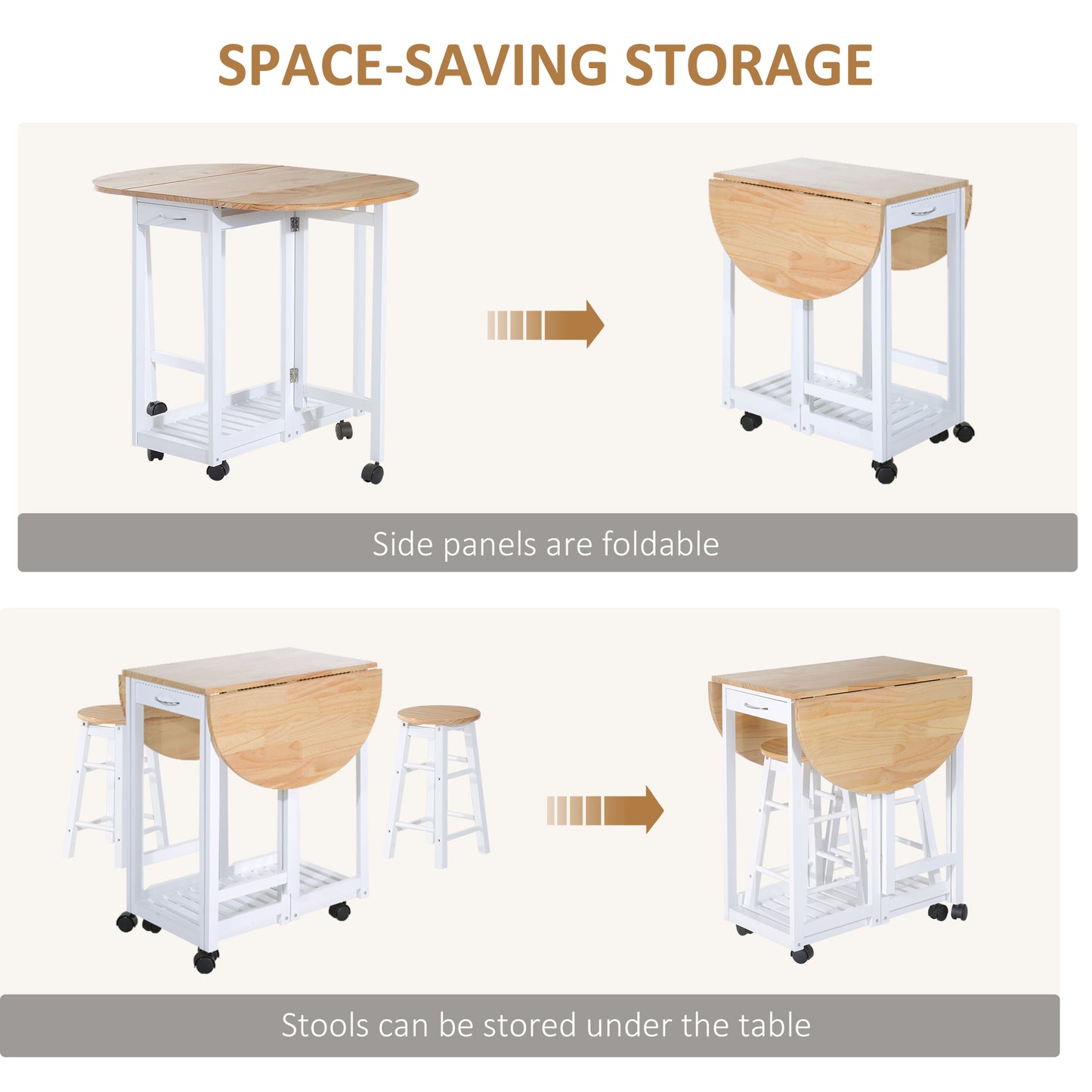 3pc Wooden Kitchen Cart Trollet Table Folding Stools Space-saving