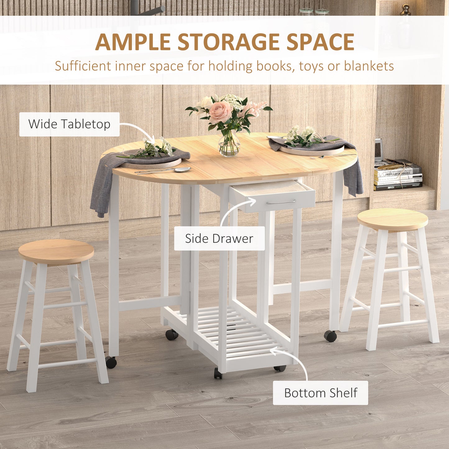 3pc Wooden Kitchen Cart Trollet Table Folding Stools Space-saving