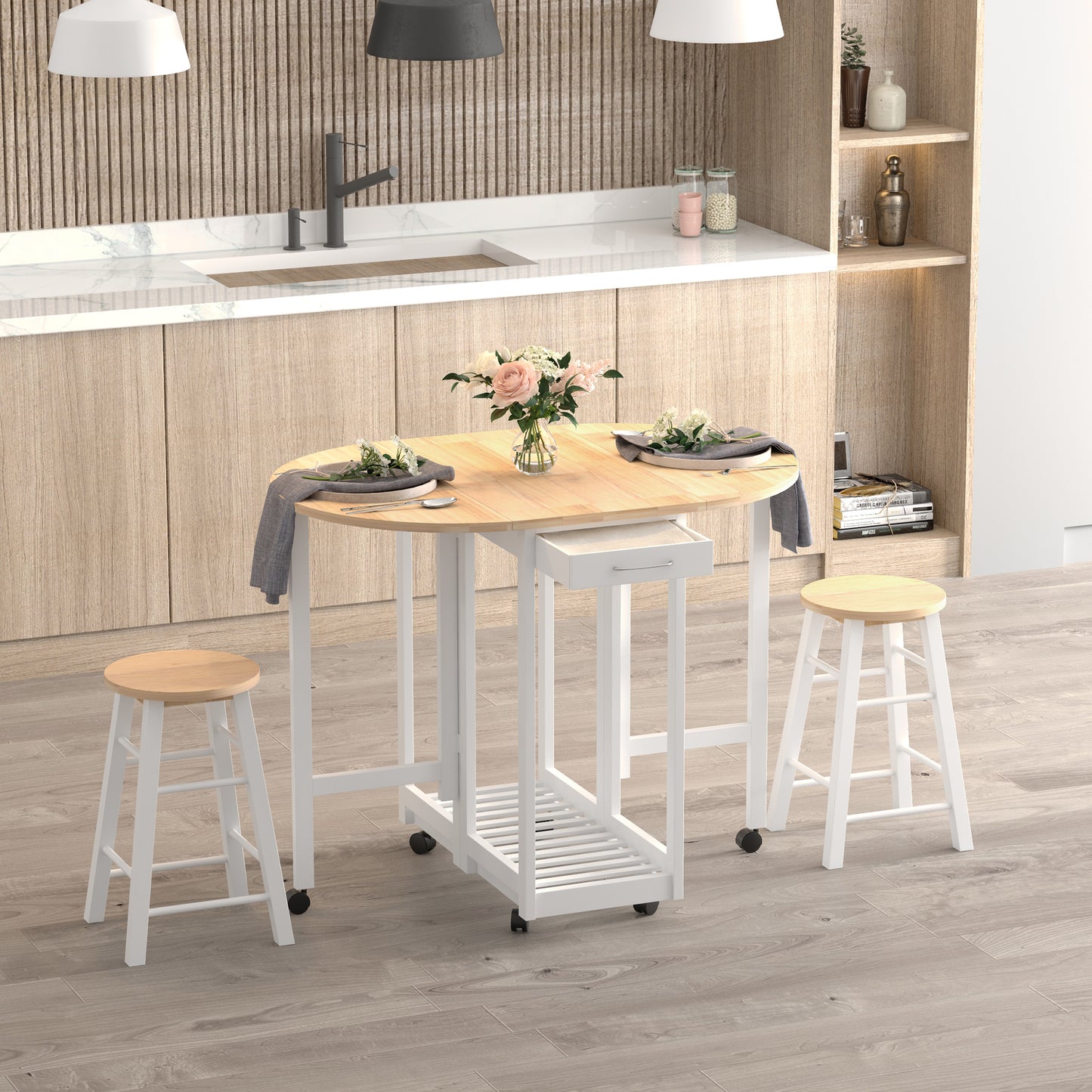 3pc Wooden Kitchen Cart Trollet Table Folding Stools Space-saving