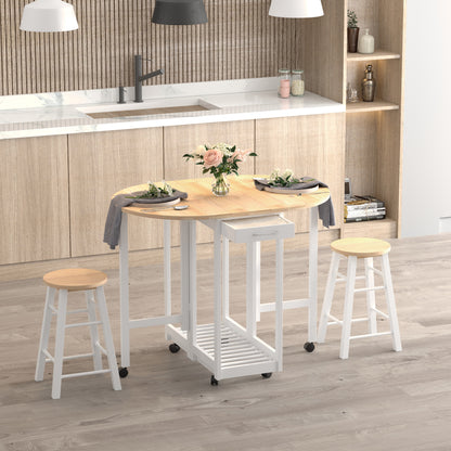 3pc Wooden Kitchen Cart Trollet Table Folding Stools Space-saving