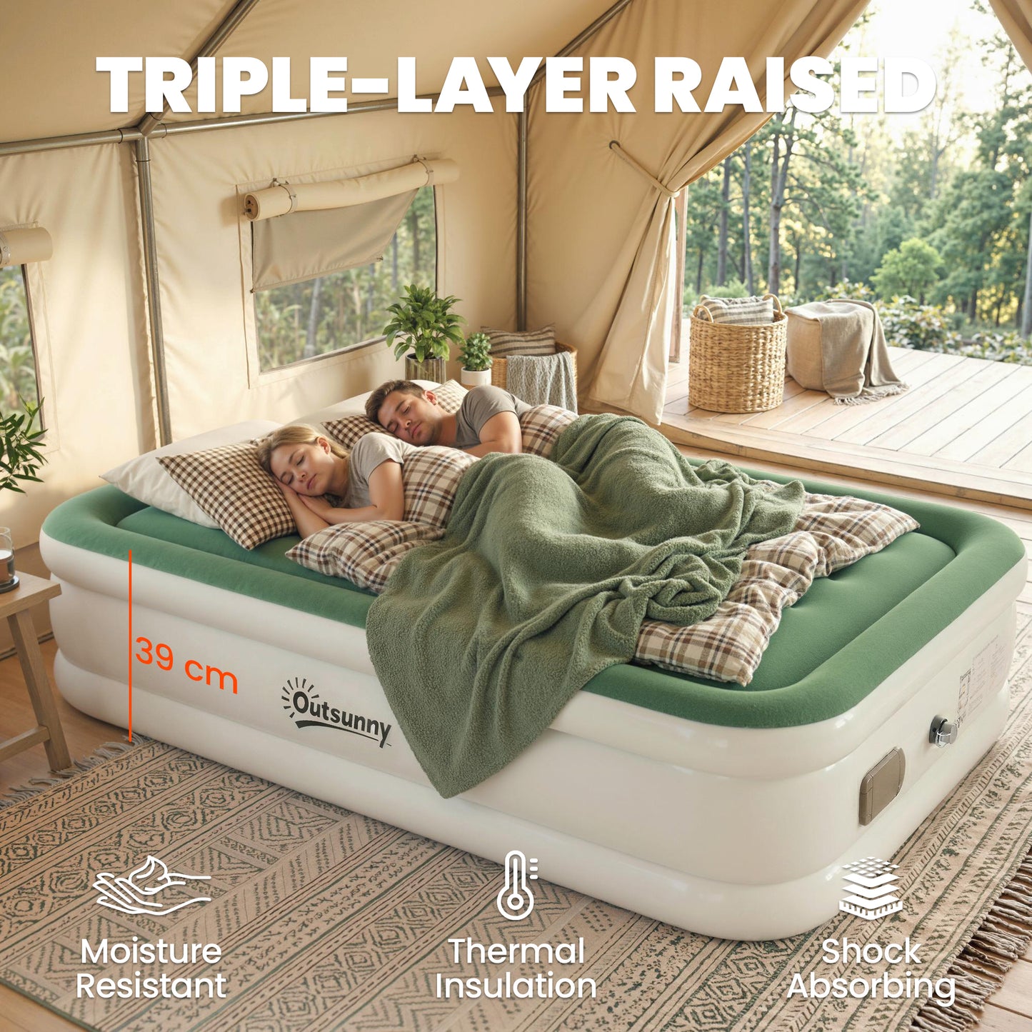 Inflatable Mattress, Double Air Bed with Built-in Pump, Dark Green