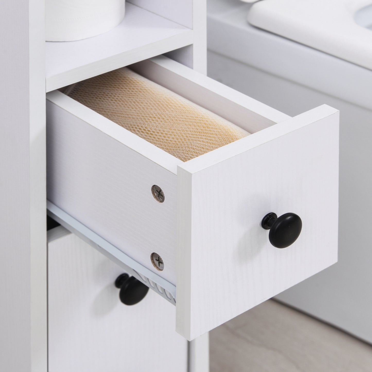 Slim Bathroom Storage with 2 Drawers, 2 Open and Wheels, White